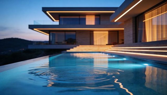 Showcasing infinity pool ripples and led-lit villa at dusk reflecting on glass terrace
