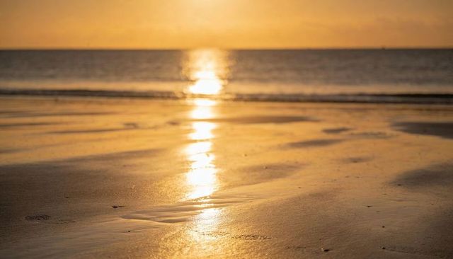 Sun casting vertical reflection across wet sand during golden hour at calm beach