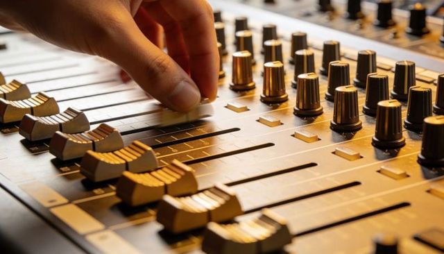 Audio engineer adjusting tactile fader on studio mixing console with warm amber light