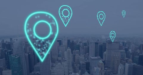 Futuristic digital location icons over urban skyline