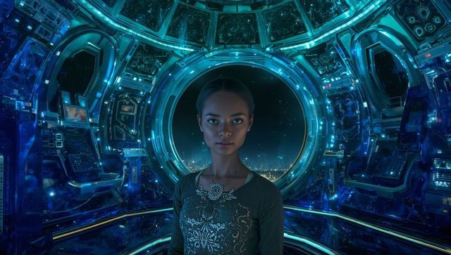 Woman standing in futuristic spacecraft flightdeck with lit consoles and circular viewport