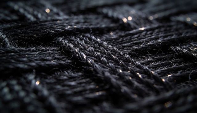 Macro braided black synthetic rope showing glossy filaments and textured fiber strands