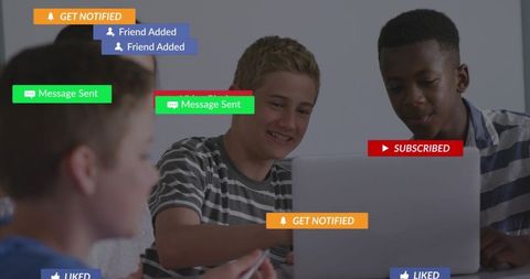 Teens Collaborating on Laptop with Social Notifications Overlay Showing Online Engagement