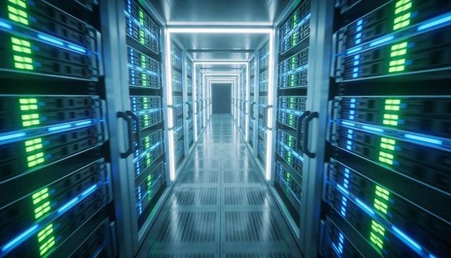 Futuristic data center corridor with glowing server racks and reflective LED-lit floor