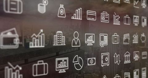 Floating finance icons with urban skyline background