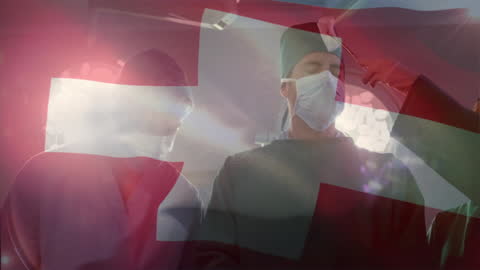 Swiss Flag Overlay on Surgeons in Hospital Setting