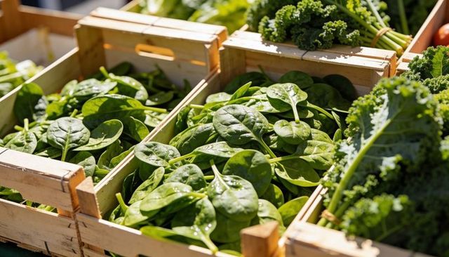 Sunlit fresh spinach in rustic wooden crates with dew drops and kale at farmers market