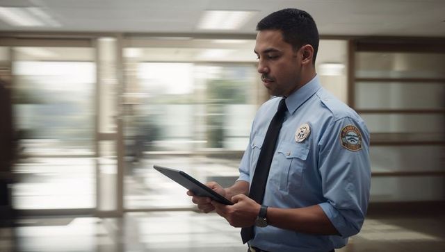 Uniformed security guard checking tablet at glass lobby entrance wearing badge