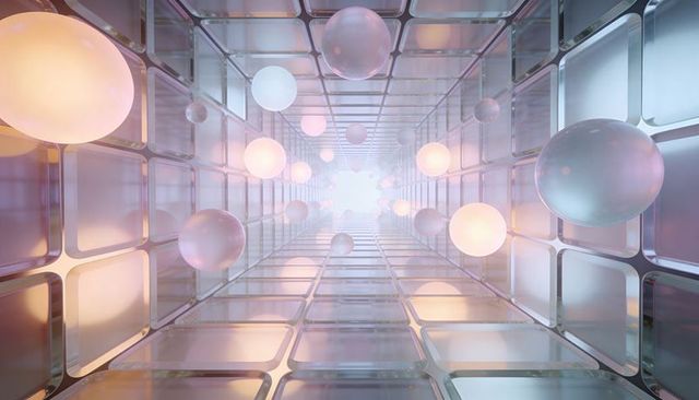 Drifting Translucent Spheres in Reflective Glass Grid Tunnel Toward Bright Vanishing Point