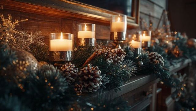 Rustic Christmas Mantel with Garland and Flickering Candles