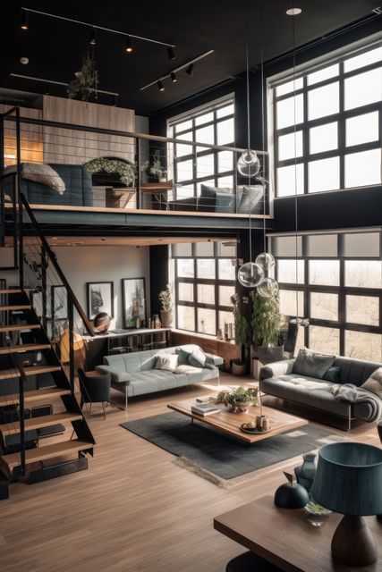 General view of modern loft apartment with large windows, created using generative ai technology - Download Free Stock Photos Pikwizard.com