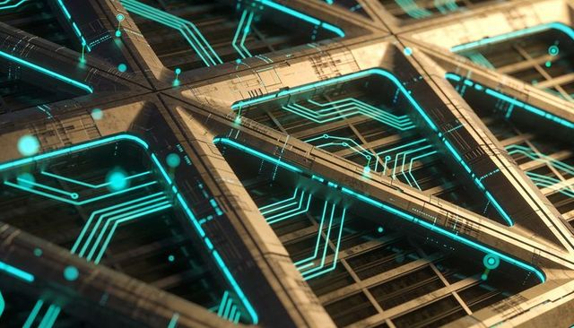Futuristic cyan circuitry tracing metallic triangular lattice with glowing data orbs