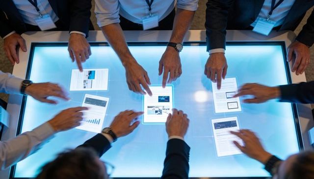 Business team collaborating on large interactive touchscreen table during strategy workshop meeting