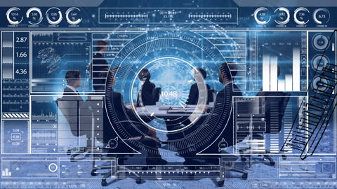 Futuristic Business Meeting with Digital Interface and Data Analysis