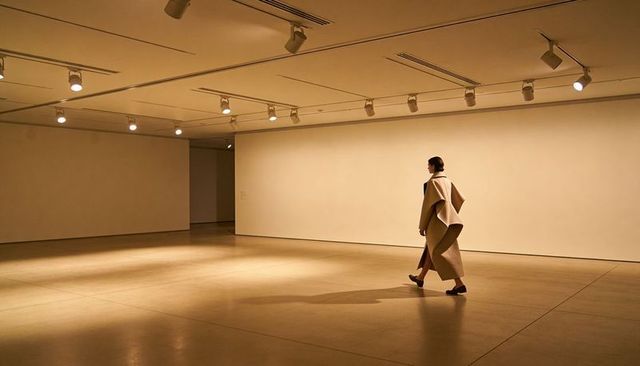 Woman walking in sculptural beige coat in minimalist gallery with dramatic lighting