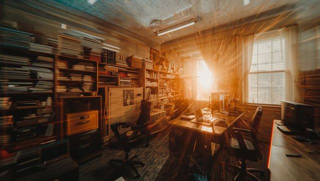 Modern Workspace with Bookshelves and Technology
