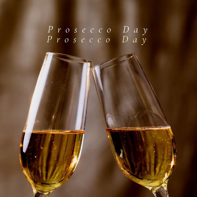 This close-up image captures two sparkling wine glasses in a celebratory toast, perfect for highlighting festivities and celebrations. Ideal for advertising events related to Prosecco Day, parties, and special occasions. It exudes a chic and elegant vibe suitable for social media promotions, invitations, and marketing materials for beverage brands and event planners.