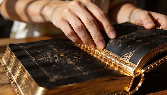 Turning gilded grimoire pages with celestial goldfoil embossed design luxury baroque folio