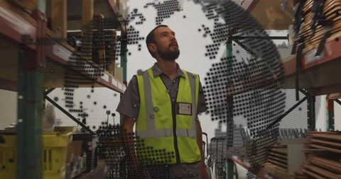 Warehouse Worker with Digital World Map Overlay in Modern Facility