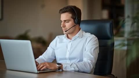 Focused Customer Service Agent Efficiently Using Laptop and Headset