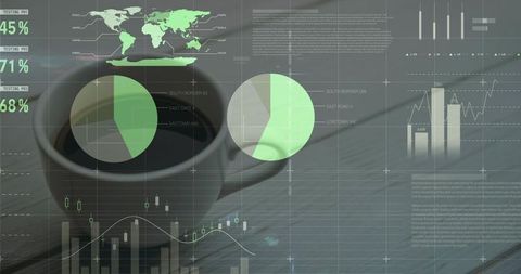 Dark ceramic coffee cup on desk with translucent financial dashboards, pie and bar charts
