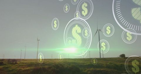 Renewable Energy Investment with Wind Turbines and Dollar Growth Symbols