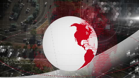 Digital Animation Overlaying Spinning Globe with City Traffic