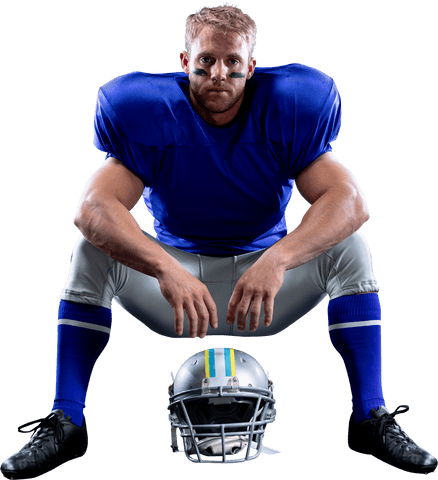 Caucasian American Football Player in Blue Uniform, Helmet on Ground, Looking Forward
