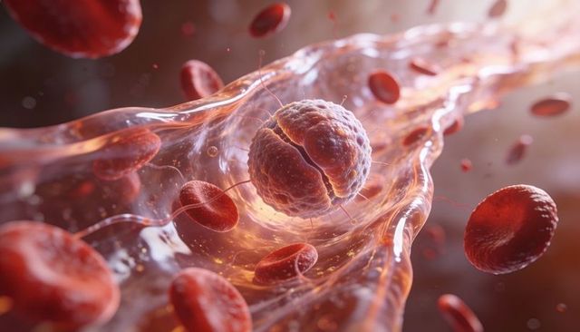 Microscopic textured particle flowing through capillary with red blood cells and plasma