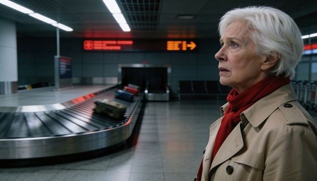 Senior woman waiting at airport baggage carousel with red scarf and trench coat