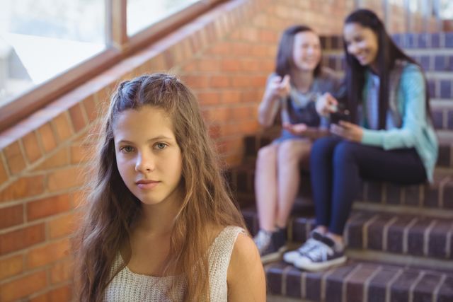 Image depicts a sad girl standing in a school corridor while two other girls are seen in the background, seemingly bullying her. This image can be used to highlight issues related to bullying, peer pressure, and emotional distress among teenagers. It is suitable for articles, blogs, and campaigns focused on mental health, school life, and social issues.
