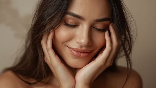 Serene woman holding face with hands showing natural glow soft makeup and bare shoulders