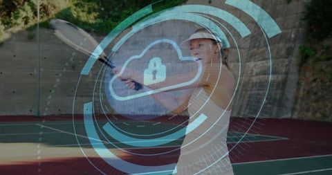 Tennis player with futuristic cloud security interface overlay