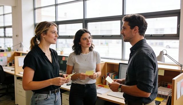 Collaborative team discussing ideas with sticky notes in modern open-plan office