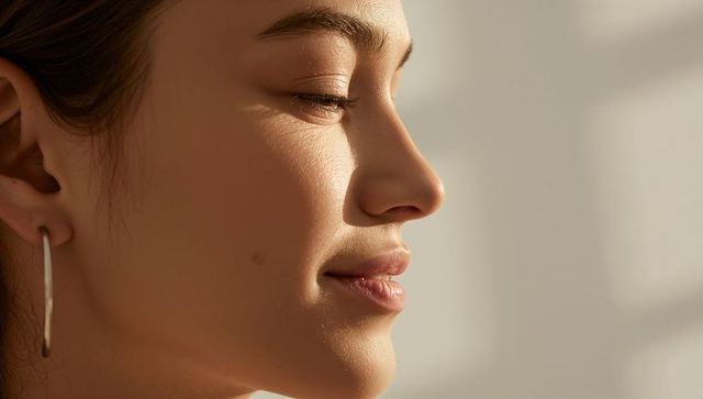 Serene sunlit profile of asian woman closing eyes, hoop earring, soft window light