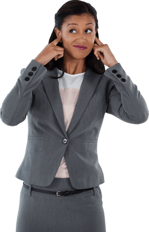 Transparent Businesswoman Closing Ears in Grey Suit Unbothered Expression
