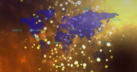 Futuristic world map with data on glowing amber background