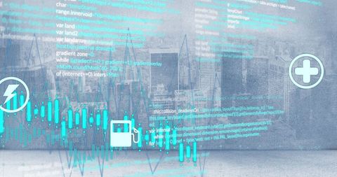 Energy and icons over swirling digital data and cityscape