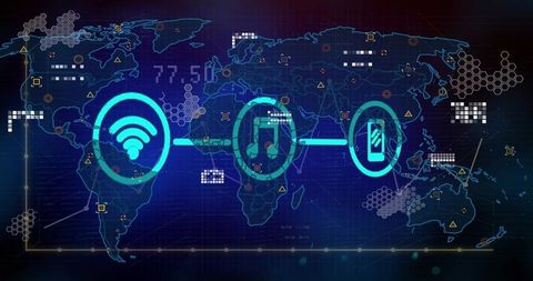 Global Connectivity Interface Showing Wi-Fi Streaming Music and Mobile Network Icons