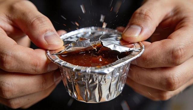 Peeling foil cup lid revealing caramel splash closeup hands pulling metallic sauce cup