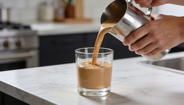 Closeup hands pouring frothy latte from stainless steel pitcher into glass on marble countertop