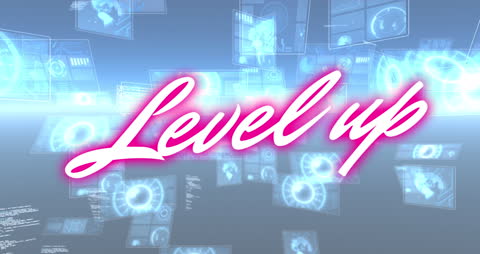 Level Up Text with Futuristic Digital Interface Background