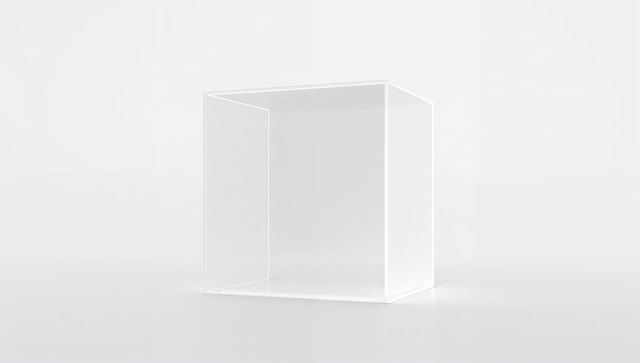 Minimal transparent glass cube with lit edges reflecting on glossy white surface