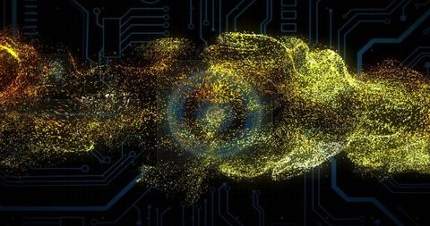 Golden particle vortex over circuit board with blue halo for futuristic data flow