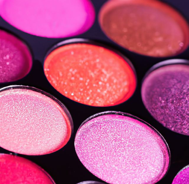 This image shows a close-up of various shimmering eyeshadow palettes in an array of vibrant colors, including pinks, reds, purples, and browns. Ideal for beauty and cosmetics advertisements, fashion blogs, makeup tutorials, or social media posts, emphasizing vibrant and bold looks.
