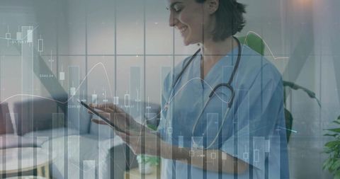 Home care nurse reviewing patient data on tablet with health analytics visualization