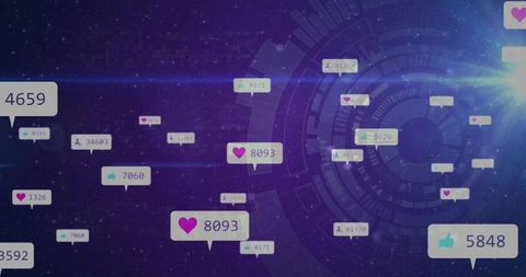 Floating Social Engagement Metrics Hovering Over Futuristic Neon HUD Visualization