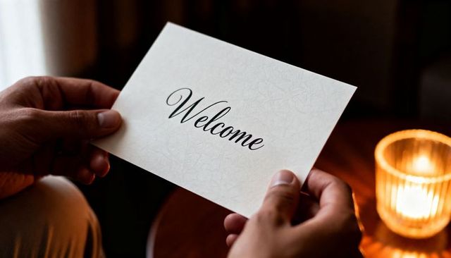 Hands holding cream welcome card near candlelight on wooden table warm intimate moment