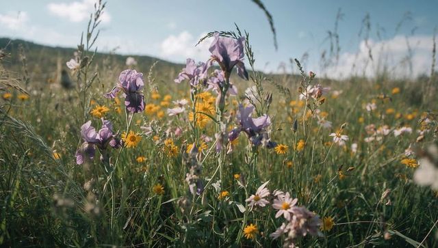 Sunlit meadow of purple irises and yellow daisies swaying in soft-focus wildflower closeup