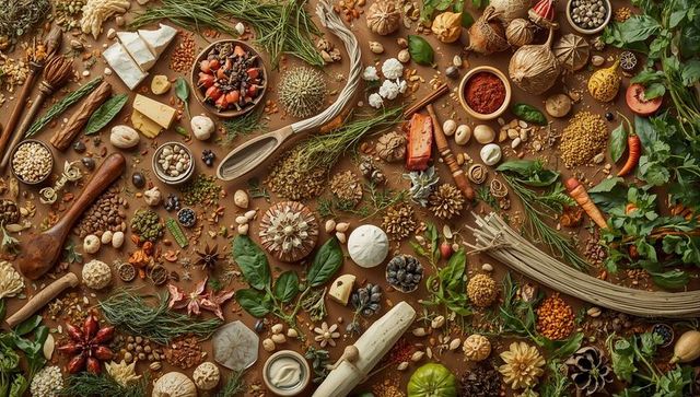 Autumnal rustic herbs and spices flatlay featuring cheeses, wooden spoons, botanicals